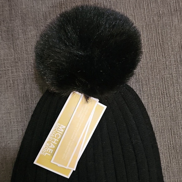 Michael Kors Cable Knit Fleece Lined Cuffed Pom Pom Winter Black Beanie hat MK main image 5